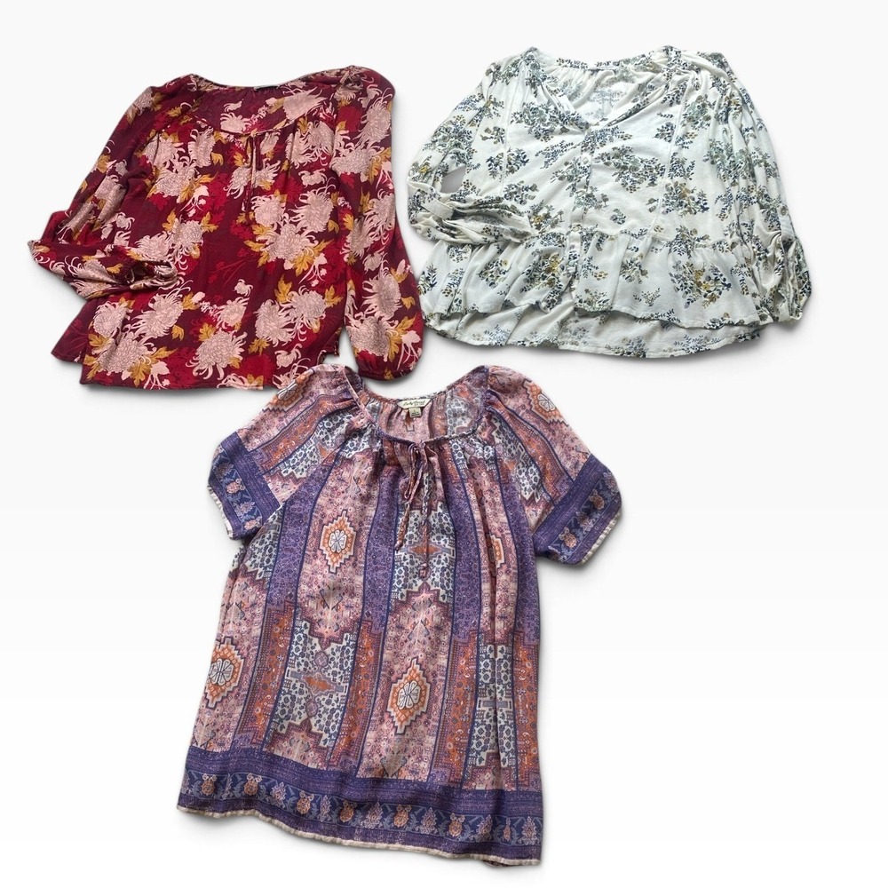 Lot of 3 Lucky Brand Women Peasant Tops Floral Geometric Boho L #252L